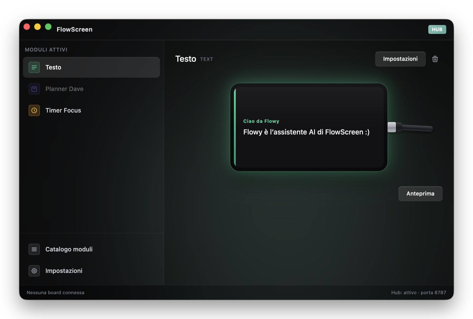 Interfaccia di FlowScreen su macOS: elenco moduli attivi a sinistra e anteprima del modulo selezionato