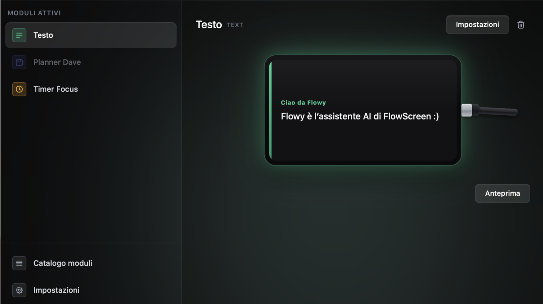 Modulo Testo di FlowScreen con il messaggio dell'assistente AI Flowy