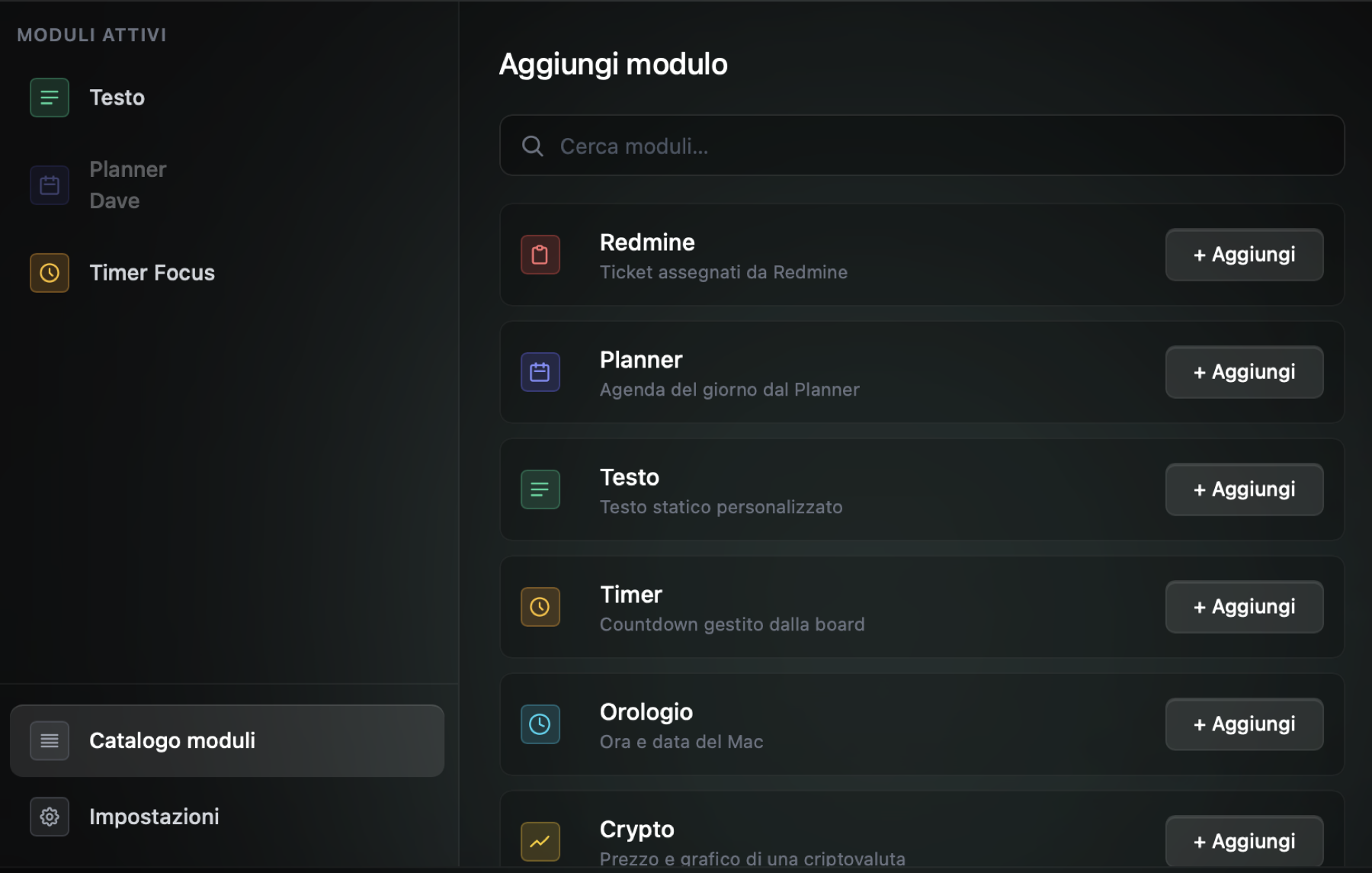 Schermata Catalogo moduli di FlowScreen con Redmine, Planner, Testo, Timer, Orologio e Crypto